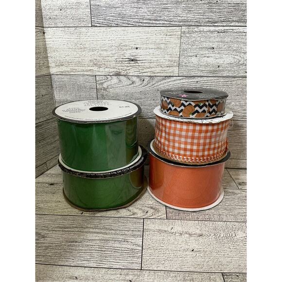 Ribbon Mixed Lot 5 Rolls Green Orange Pumpkins NOS - Picture 4 of 4